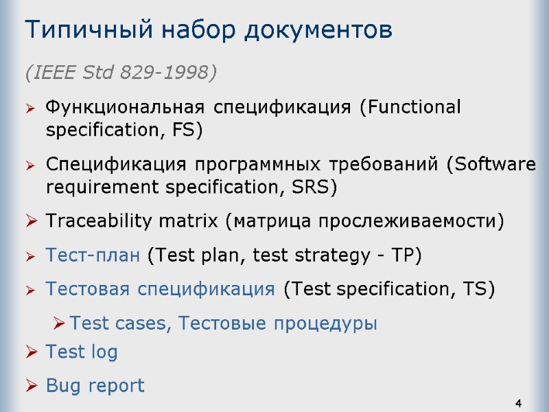 4 Типичный набор документов (IEEE Std 829-1998) Функциональная спецификация (Functional specification, FS) Спецификация программных